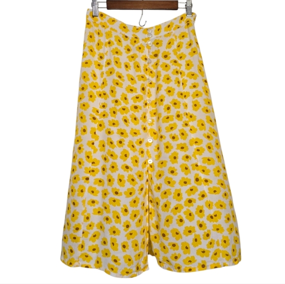 Faithfull The Brand Yellow Floral A-Line Midi Skirt S Button Front Pleated - Picture 4 of 9